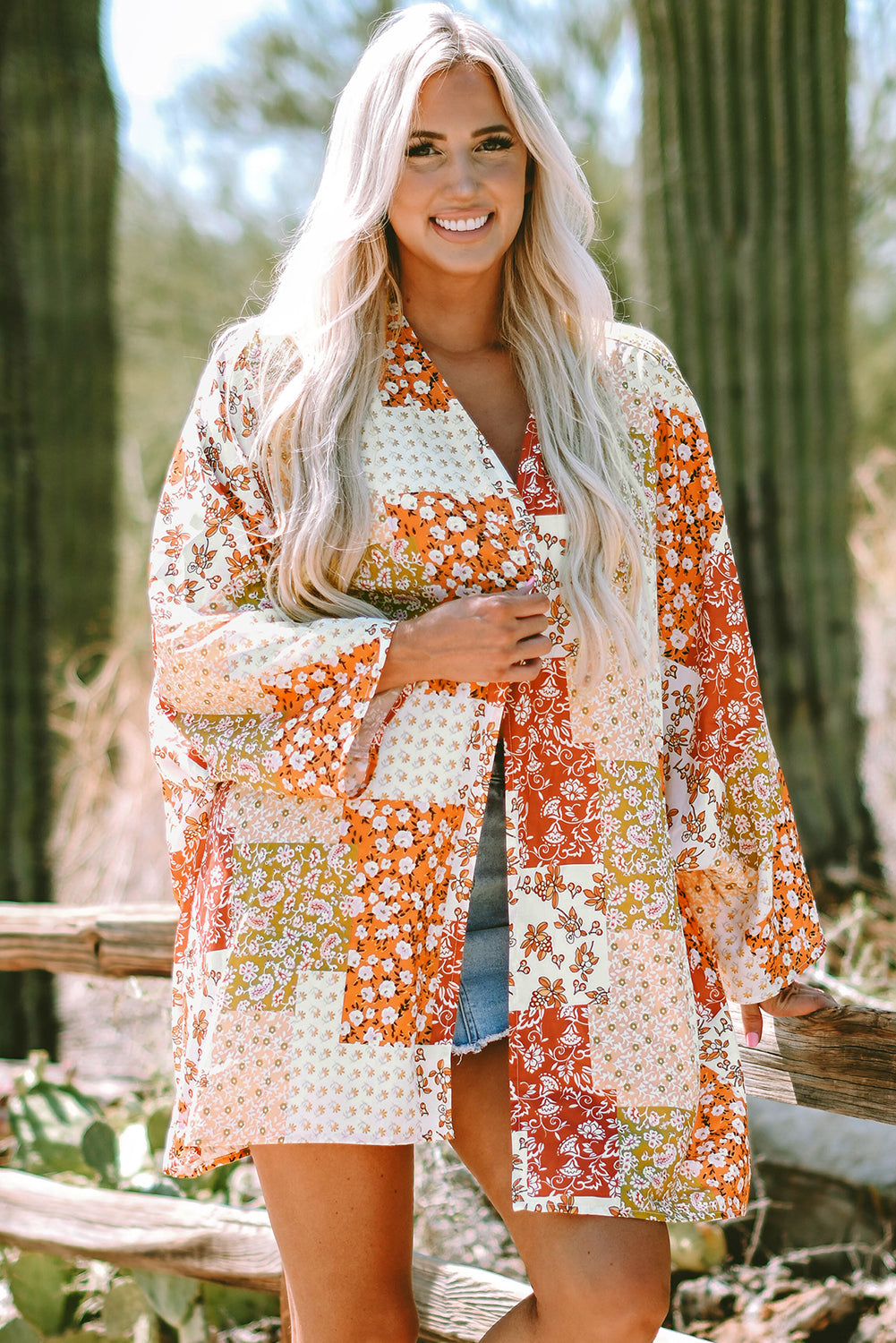 White Boho Patchwork Floral Open Front Kimono