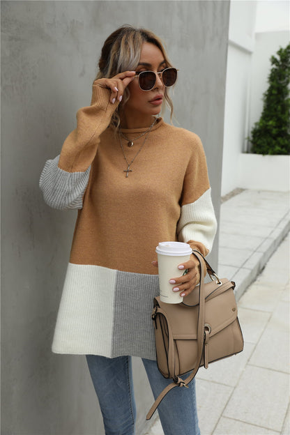 Color Block Round Neck Dropped Shoulder Sweater Tan