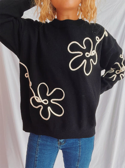 Flower Round Neck Long Sleeve Sweater Black One Size