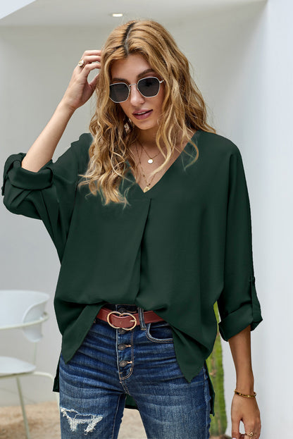 V-Neck Roll-Tab Sleeve Blouse Green