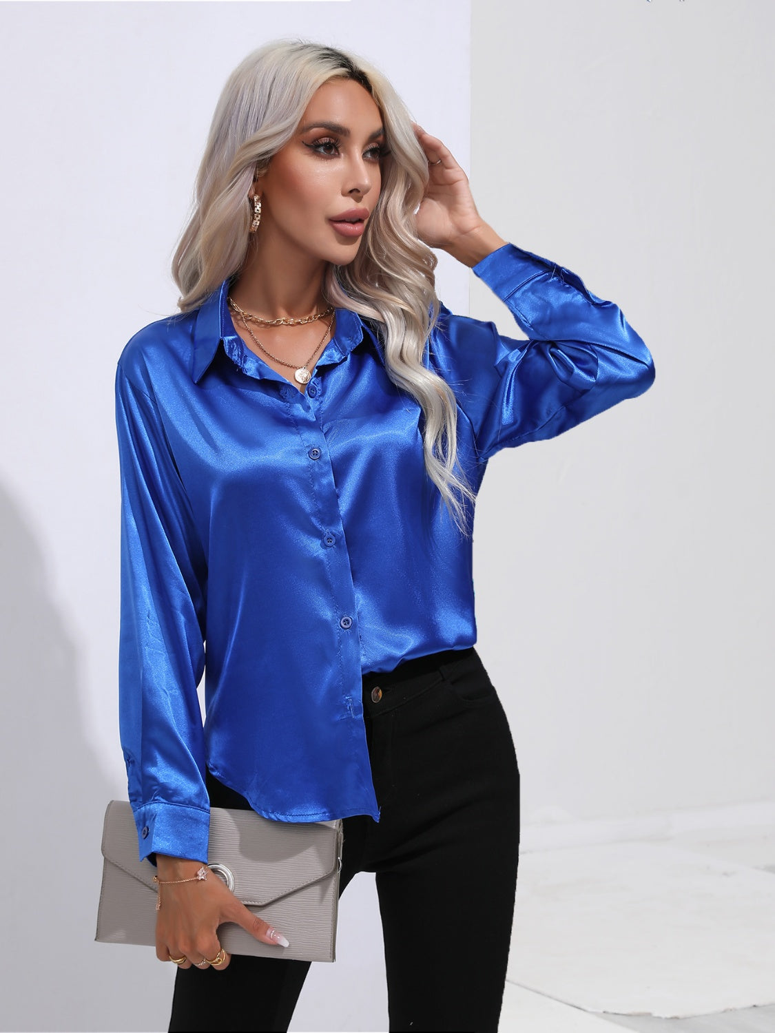 Collared Neck Buttoned Long Sleeve Shirt Royal Blue