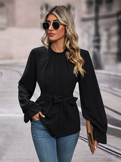 Round Neck Tie Waist Long Sleeve Blouse Black