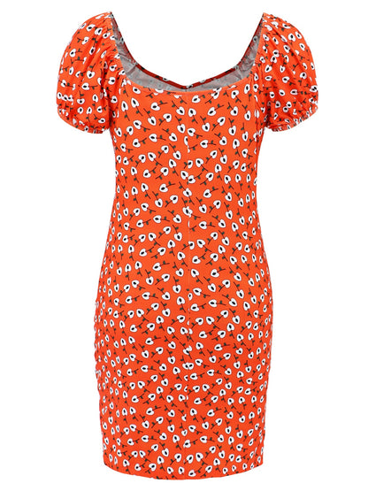 Printed V-Neck Short Sleeve Mini Dress Orange