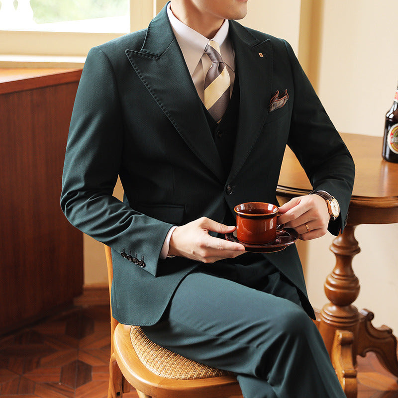 High-end Wedding Bridegroom Suit Suit Closure Collar Suit Three-piece Suit Men Caramel Green