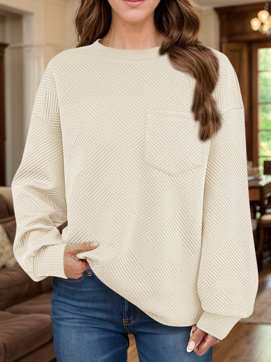 Full Size Texture Round Neck Long Sleeve Sweatshirt Tan