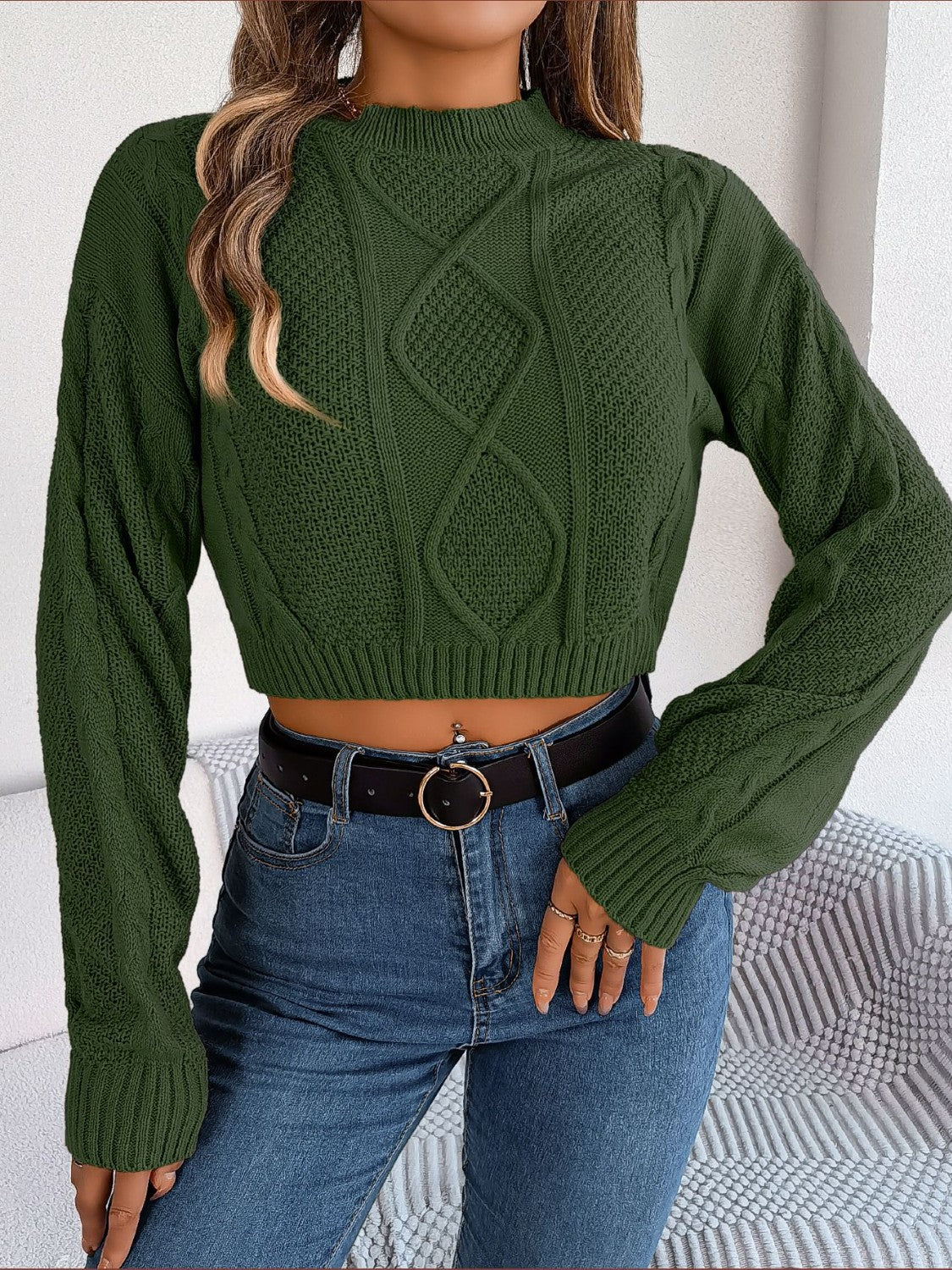 Cable-Knit Round Neck Cropped Sweater Army Green