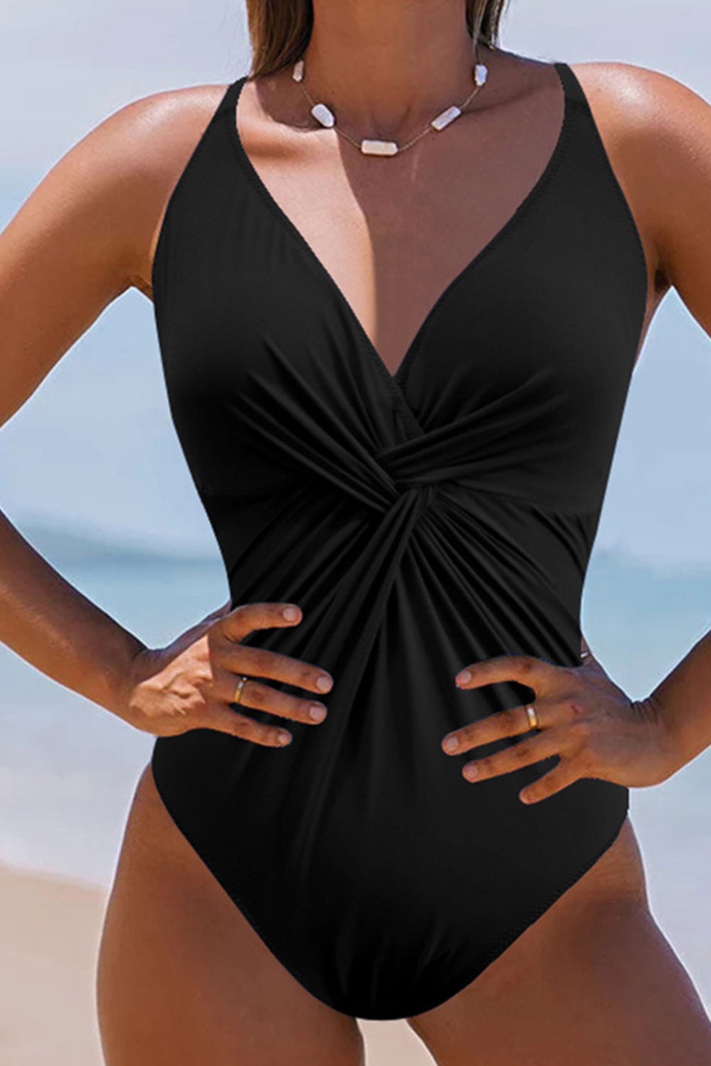 Black V Neck Twist Ruched Crisscross Backless One-Piece Swimsuit Black 80%nylon+20%spandex