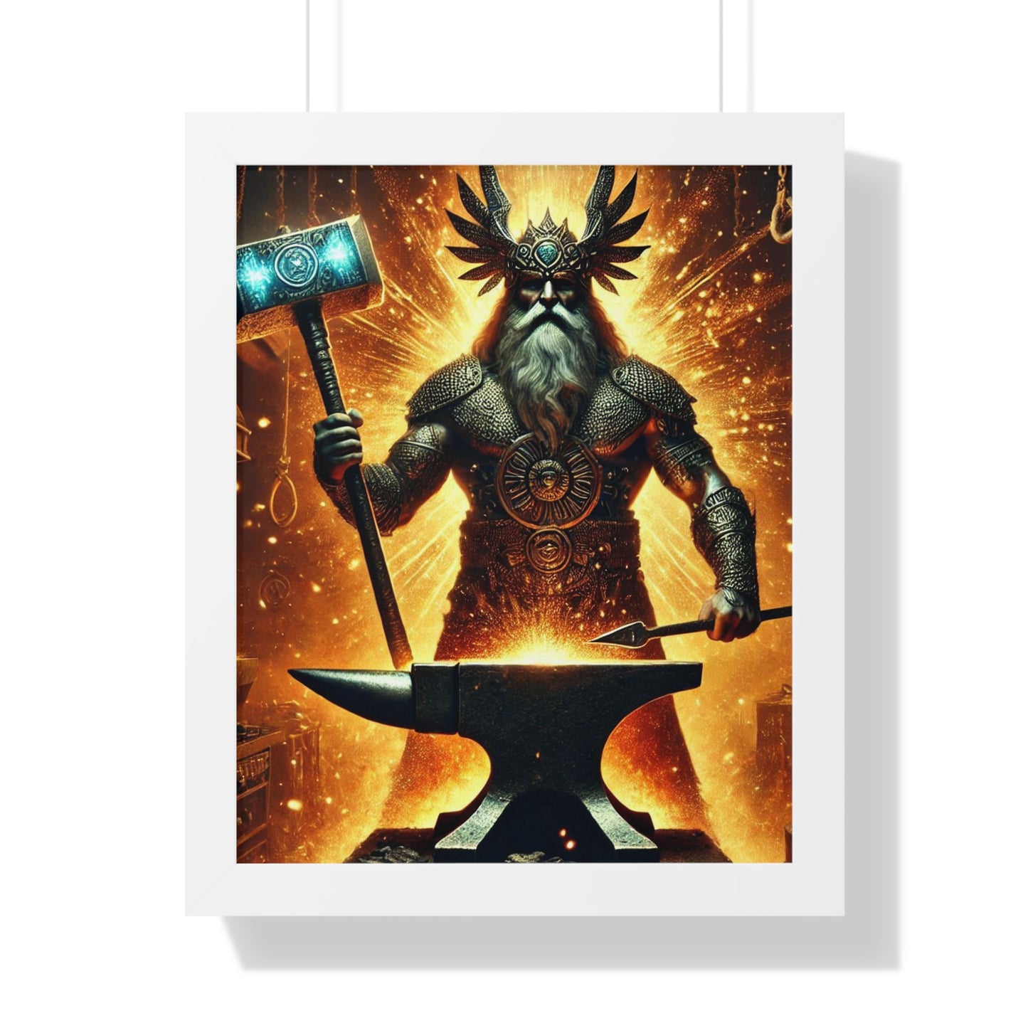 Ogun Blacksmith Framed Vertical Poster - Glowing Sparks, Molten Metal, Fire and Anvil - Wall Art Decor Print, African Deity, Orisha Home 16″ x 20″ White