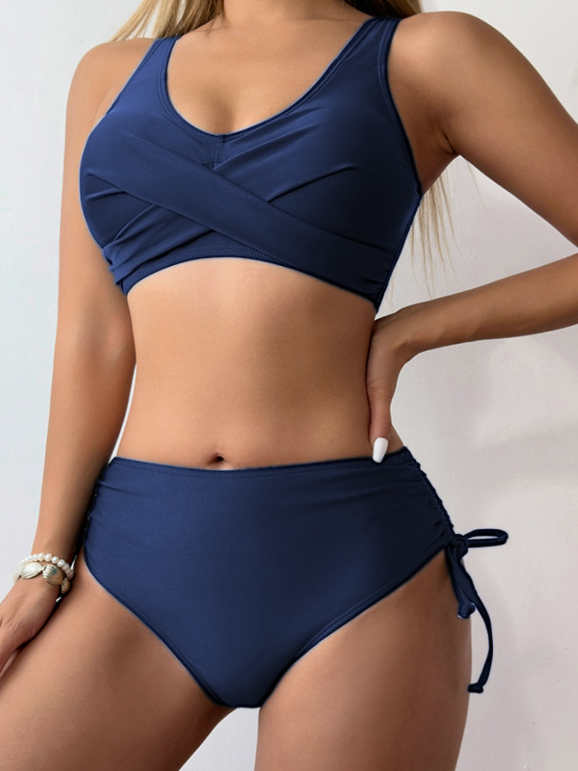 Scoop Neck Wide Strap Bikini Set Dark Blue