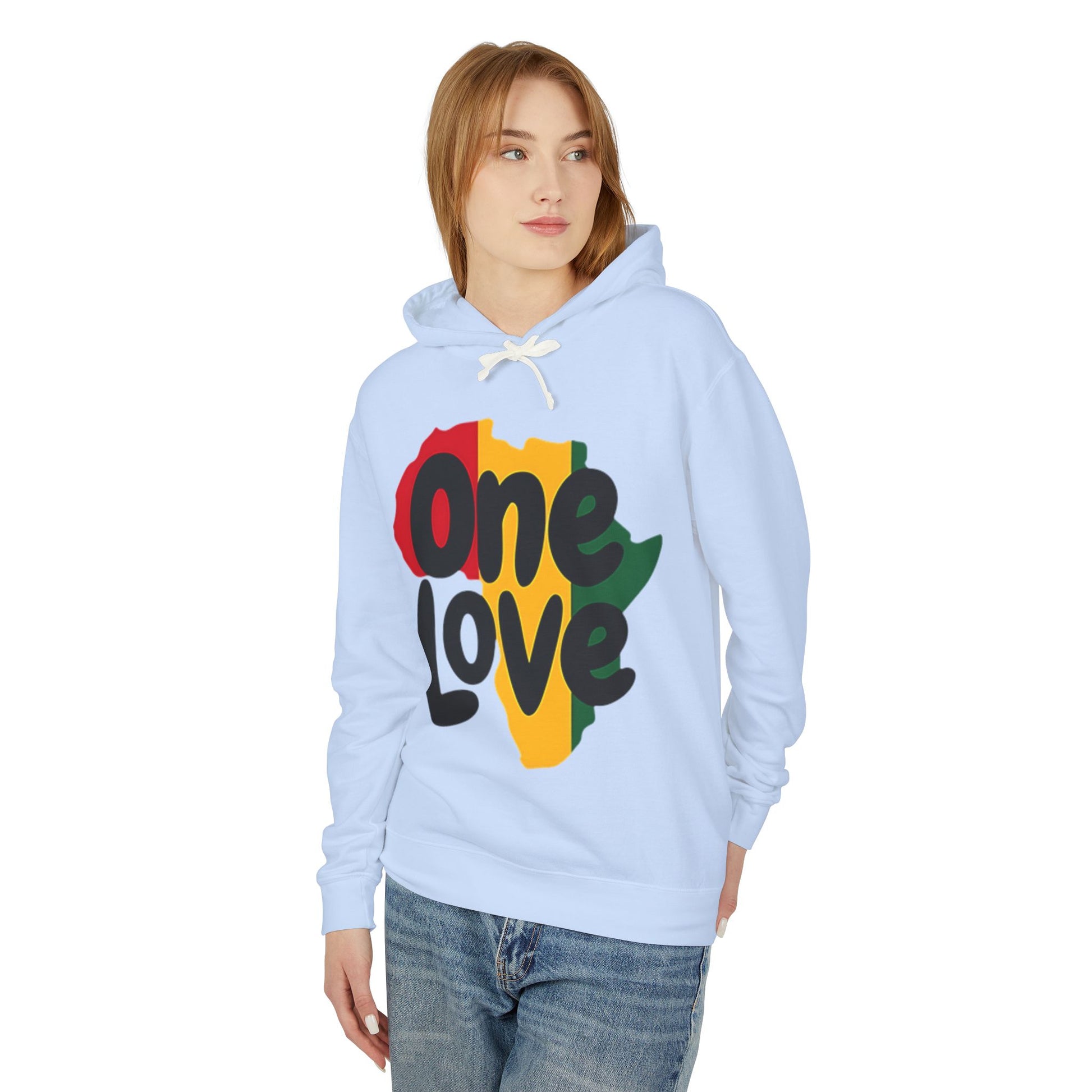 One Love Rasta Lightweight Hooded Sweatshirt - Red Yellow Green Black Color Scheme, Reggae Culture, Positive Vibes, Unity and Peace,