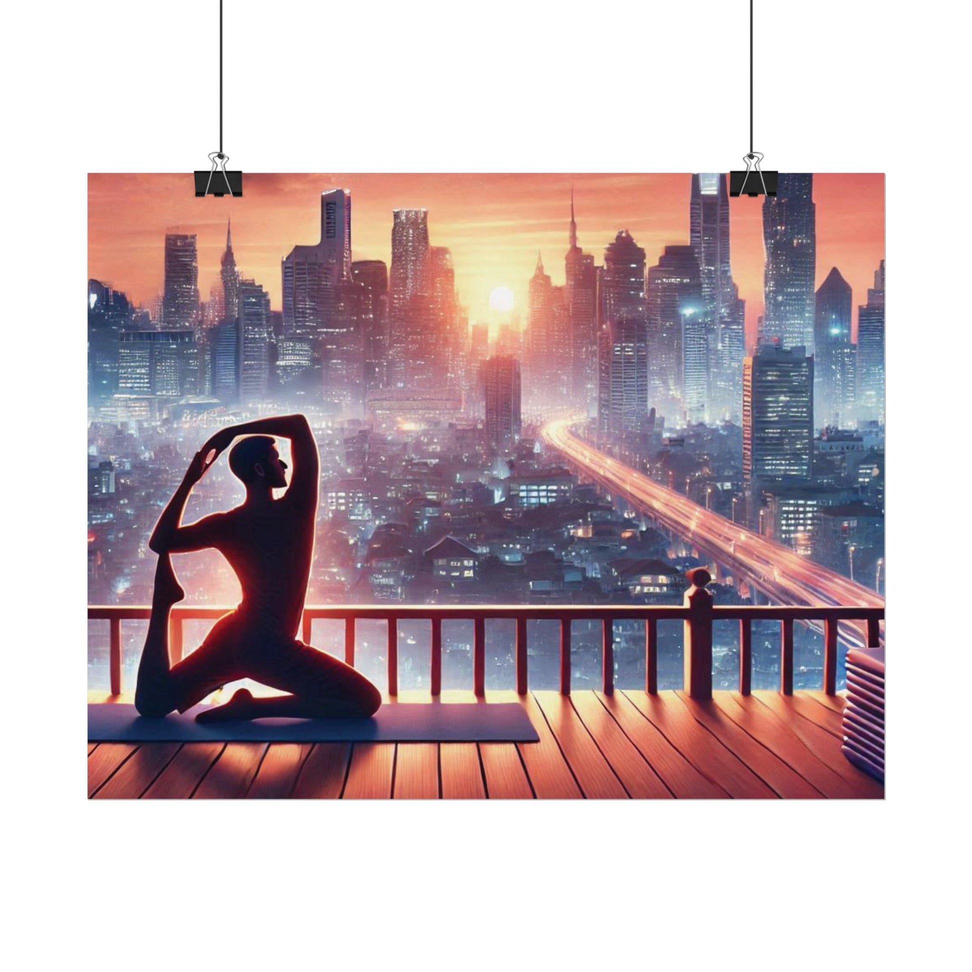 Yoga Poster, Cityscape Sunset Art, Rolled Wall Art, Pink Orange Skyline Decor, Urban Zen Meditation, Rooftop Exercise Print, Relaxation Gift