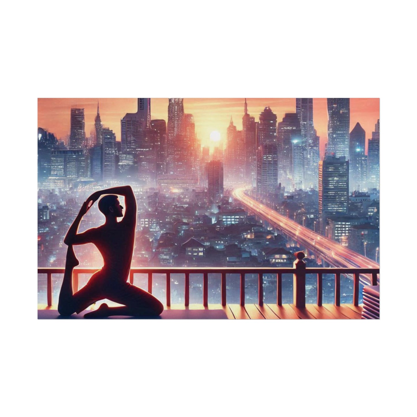 Yoga Poster, Cityscape Sunset Art, Rolled Wall Art, Pink Orange Skyline Decor, Urban Zen Meditation, Rooftop Exercise Print, Relaxation Gift 34" x 22" (Horizontal) Matte