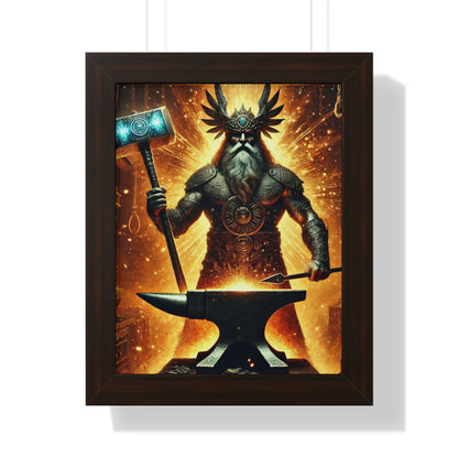 Ogun Blacksmith Framed Vertical Poster - Glowing Sparks, Molten Metal, Fire and Anvil - Wall Art Decor Print, African Deity, Orisha Home 11" x 14" Walnut