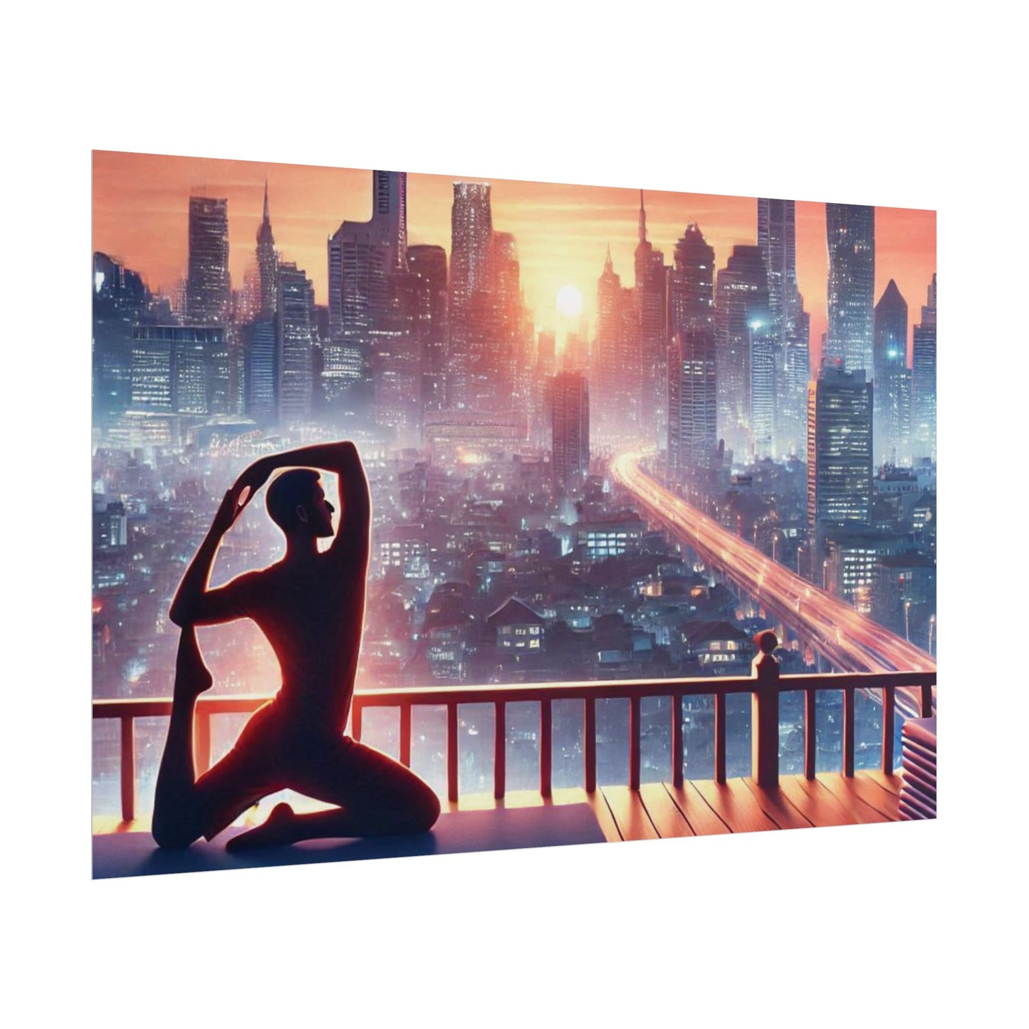 Yoga Poster, Cityscape Sunset Art, Rolled Wall Art, Pink Orange Skyline Decor, Urban Zen Meditation, Rooftop Exercise Print, Relaxation Gift