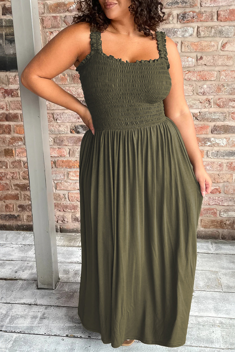 Jungle Green Shirred Bust Sleeveless Plus Size Maxi Dress Jungle Green 65%Polyester+30%Viscose+5%Elastane