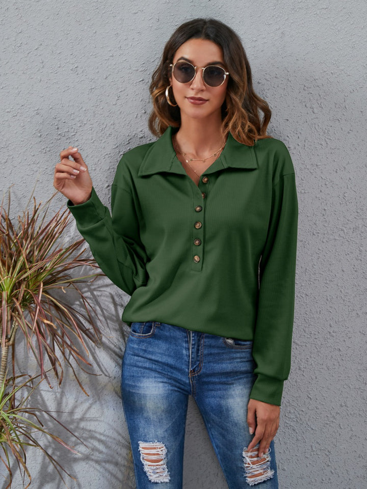 Half Button Dropped Shoulder Blouse Dark Green