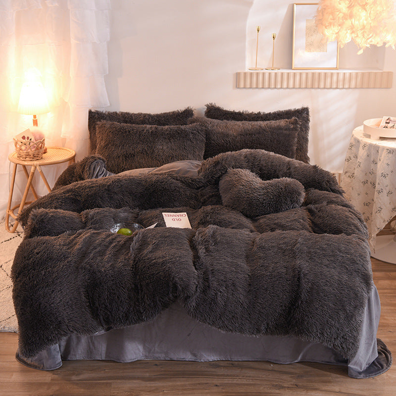 Luxury Thick Fleece Duvet Cover Queen King Winter Warm Bed Quilt Cover Pillowcase Fluffy Plush Shaggy Bedclothes Bedding Set Winter Body Keep Warm Dark Grey