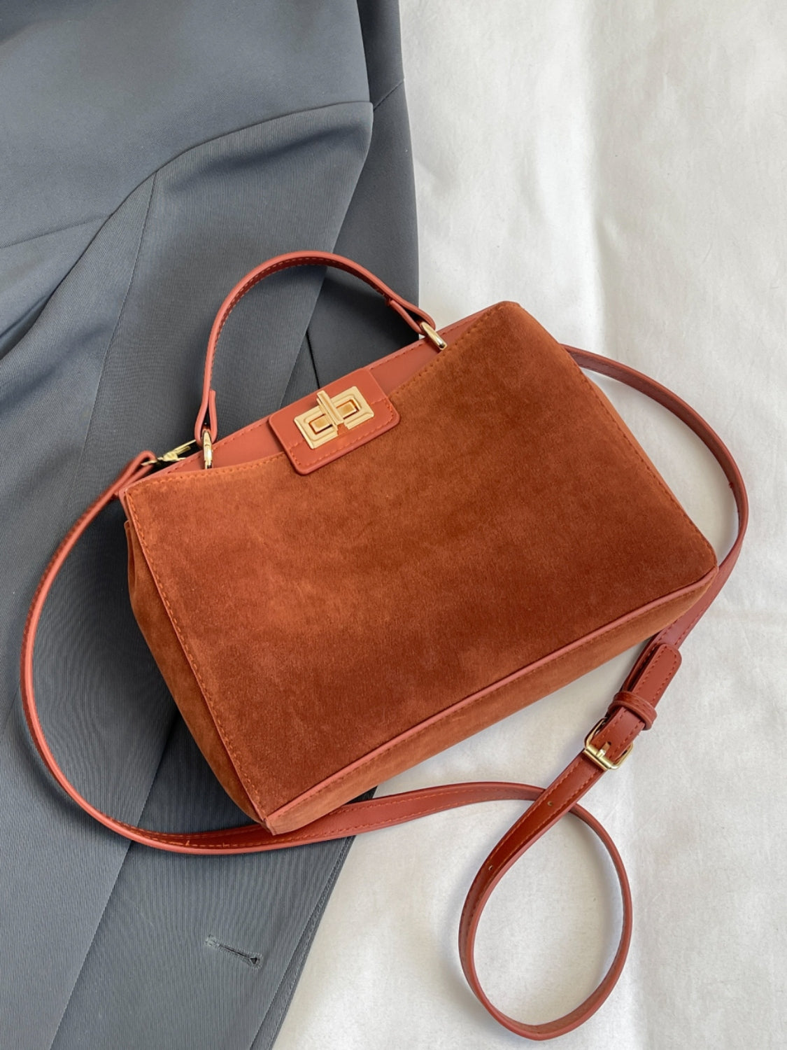 Solid Color Handbag with Removable Strap Terracotta One Size