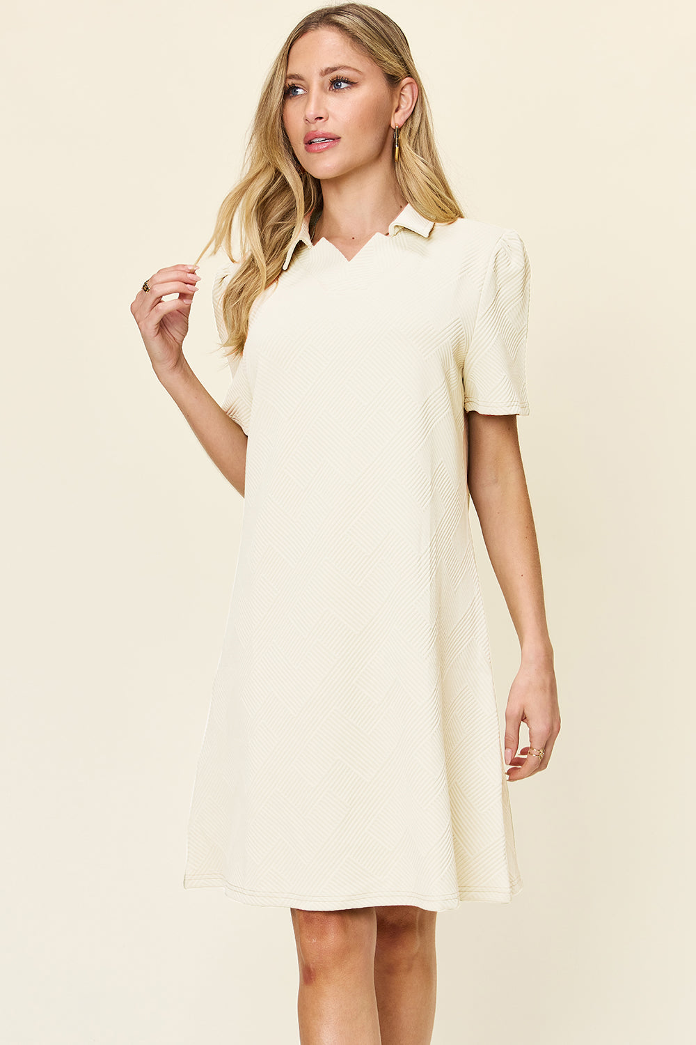 Double Take Full Size Texture Collared Neck Short Sleeve Dress Cream