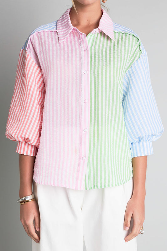 Pink Stripe Color Block Balloon Sleeve Buttoned Loose Fit Shirt Pink Stripe 50%Polyester+50%Cotton