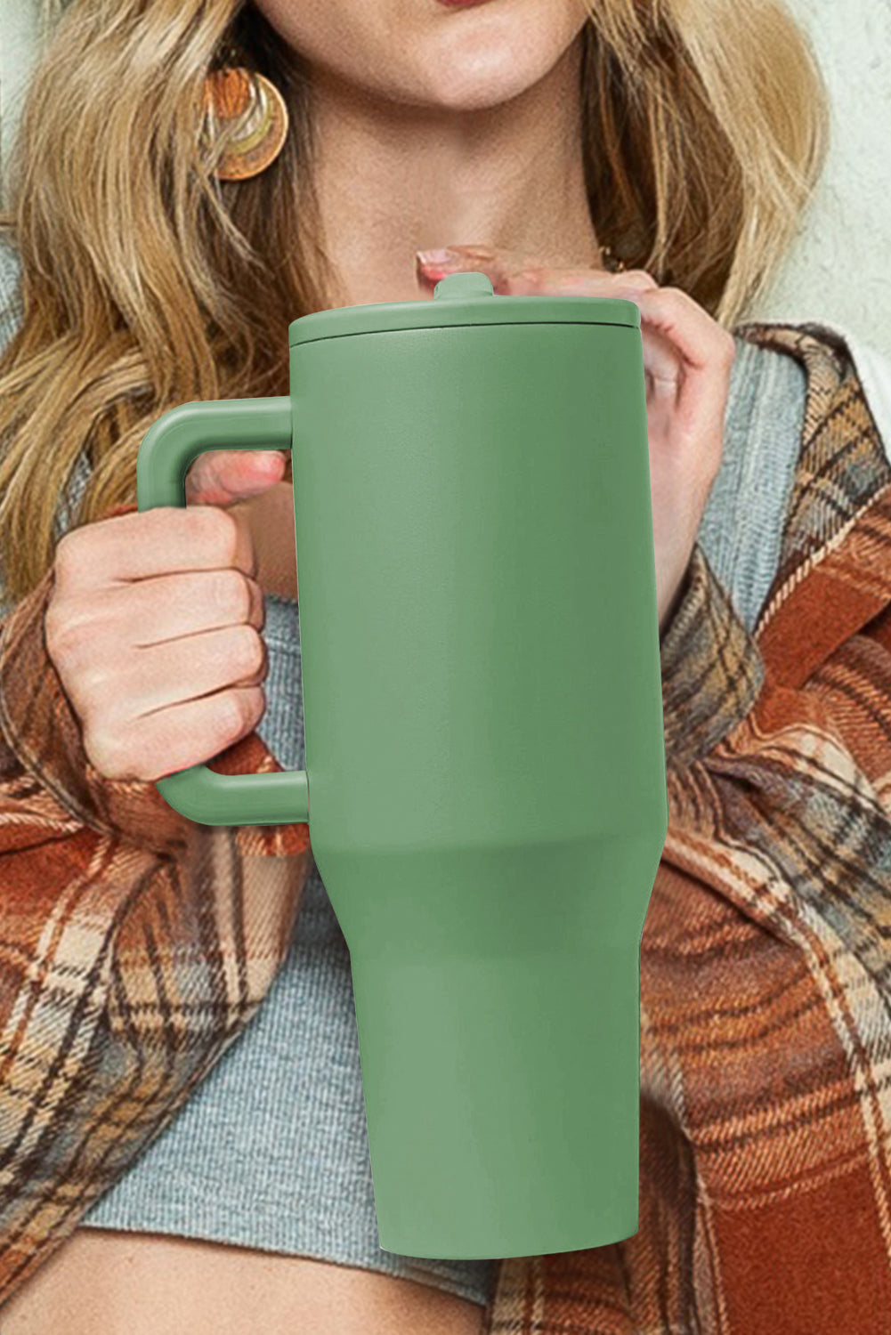 Dark Green Frosted Stainless Handle Large Vacuum Cup with Straw 40oz