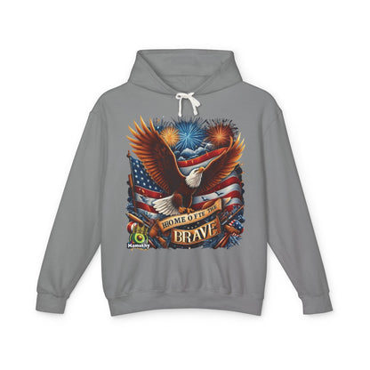 Hooded Sweatshirt - 'Home of the Brave' Bald Eagle Fireworks Illustration Grey