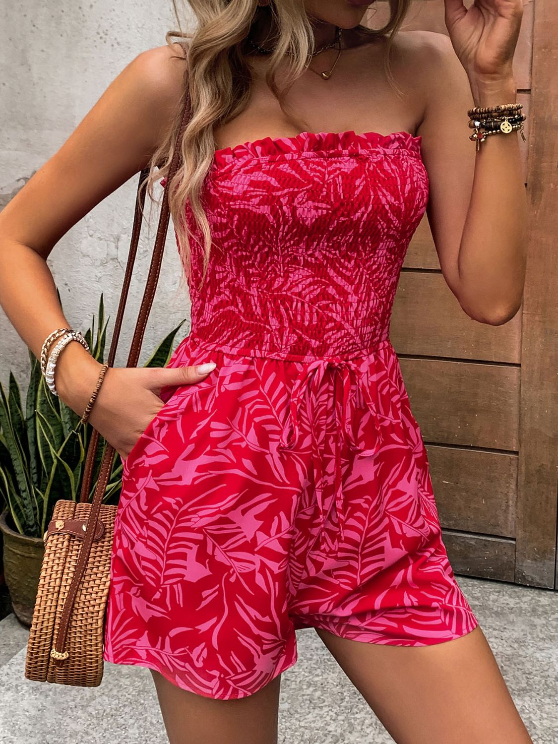 Smocked Printed Tube Romper with Pockets - Thandynie