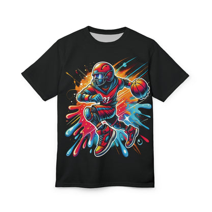 Electric Sports Cartoon Unisex Tee, Bold Branding, Vibrant Splash Effects, Glowing Highlights