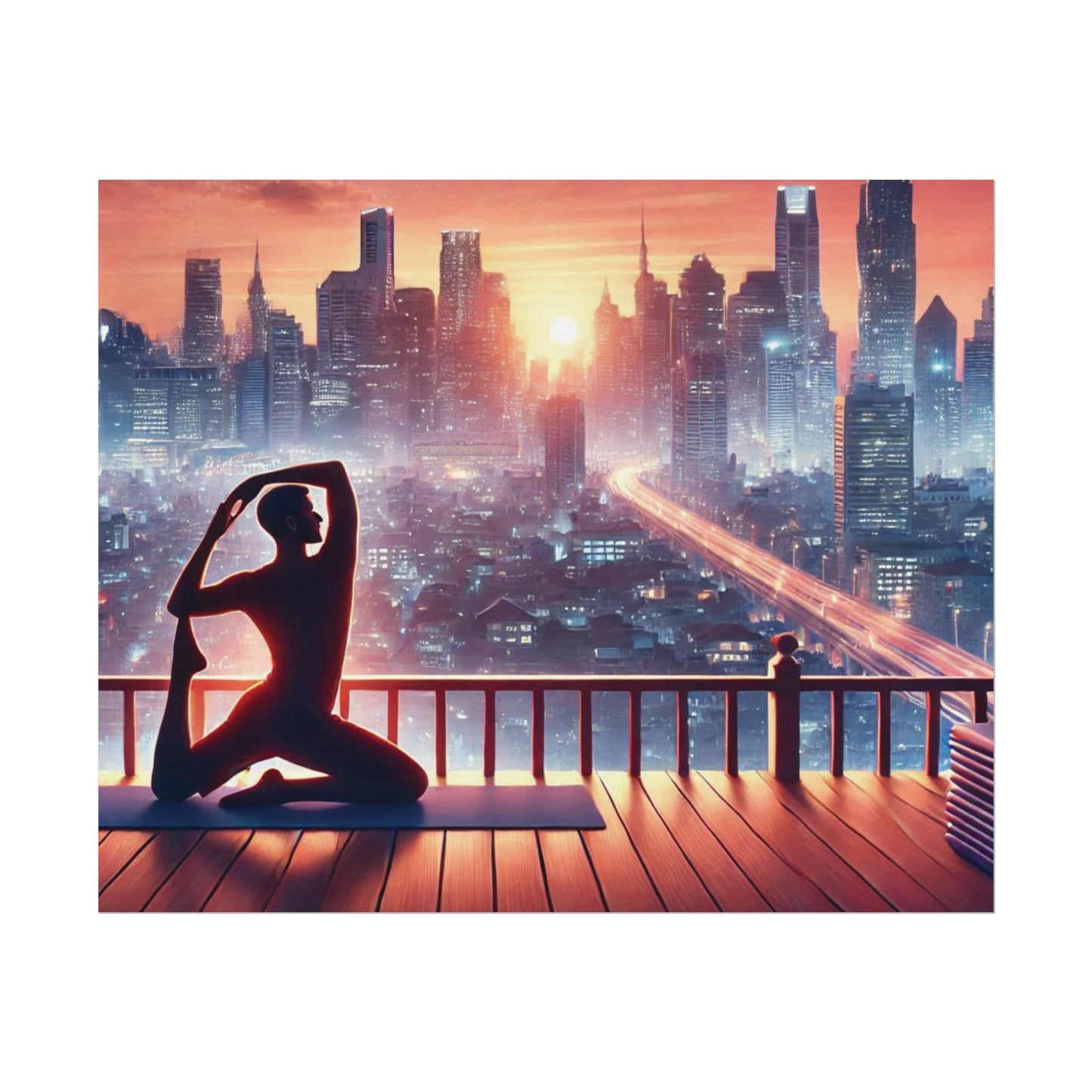 Yoga Poster, Cityscape Sunset Art, Rolled Wall Art, Pink Orange Skyline Decor, Urban Zen Meditation, Rooftop Exercise Print, Relaxation Gift 11″ x 9″ (Horizontal) Fine Art