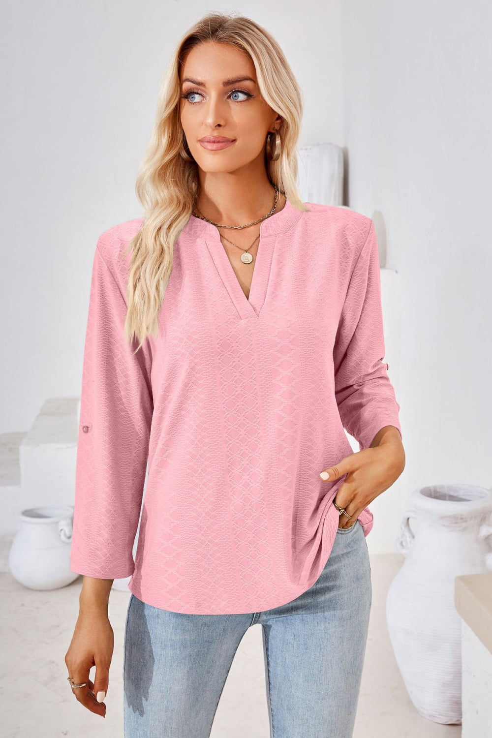 V-Neck Roll-Tap Sleeve Blouse Pink