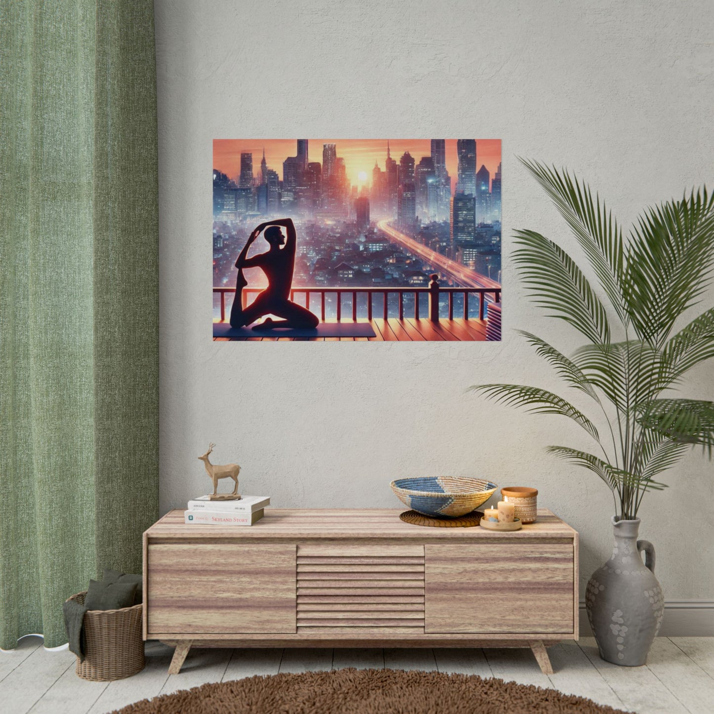 Yoga Poster, Cityscape Sunset Art, Rolled Wall Art, Pink Orange Skyline Decor, Urban Zen Meditation, Rooftop Exercise Print, Relaxation Gift