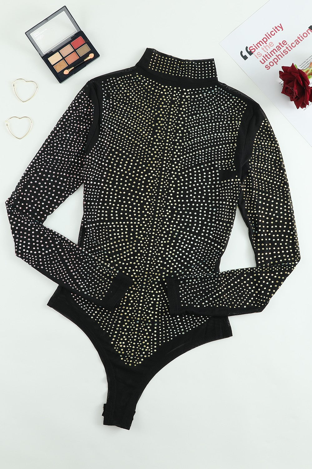 Rhinestone Mock Neck Long Sleeve Bodysuit - Thandynie