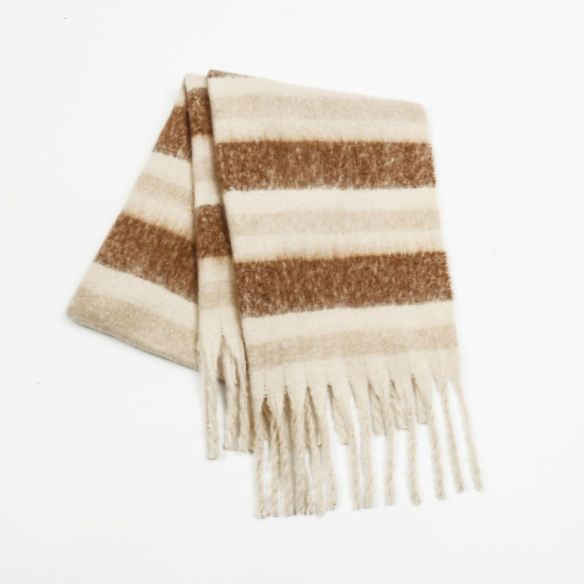 Fringe Contrast Striped Polyester Scarf Cream One Size