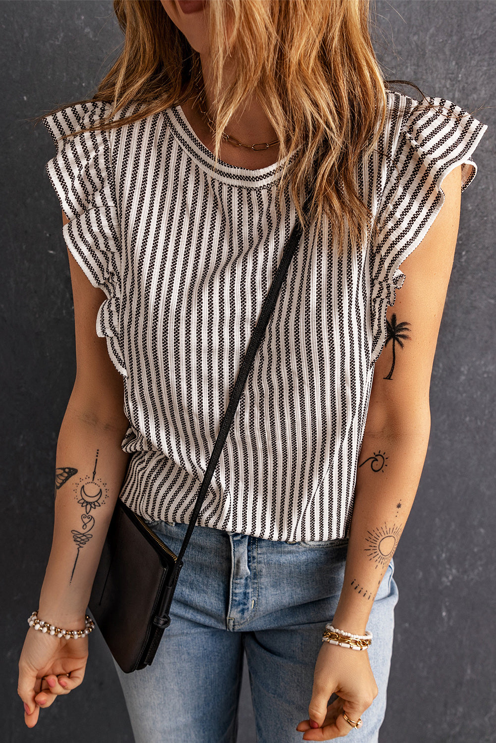 Gray Crew Neck Ruffled Striped Tank Top Gray 95%Polyester+5%Elastane