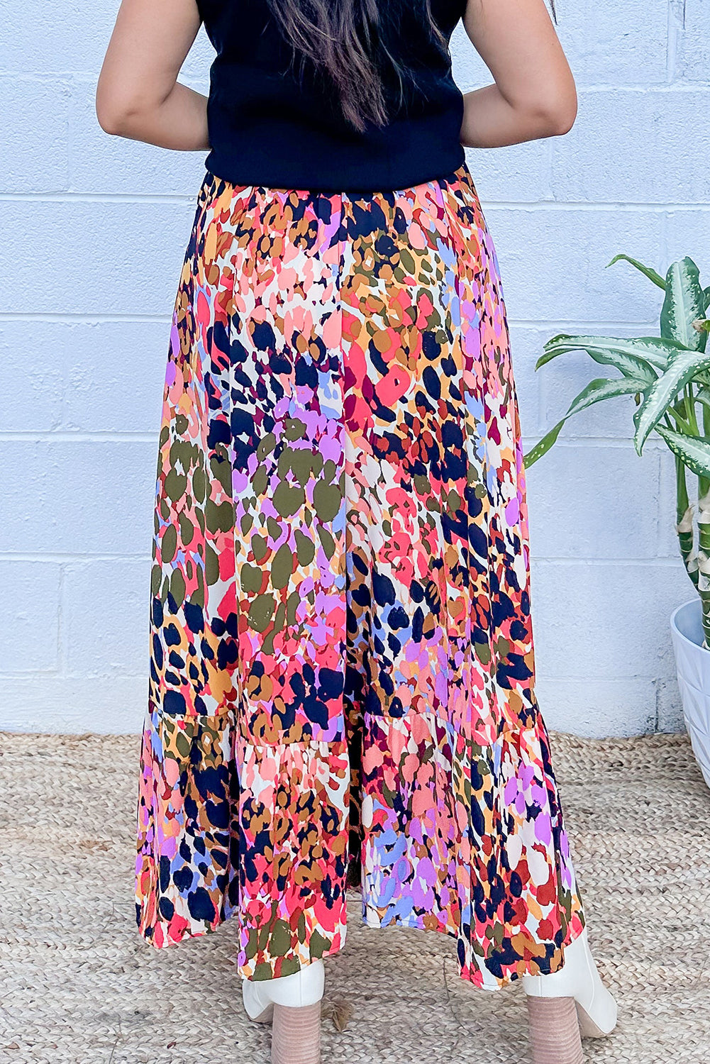 White Abstract Floral Print Ruffled High Waist Maxi Skirt