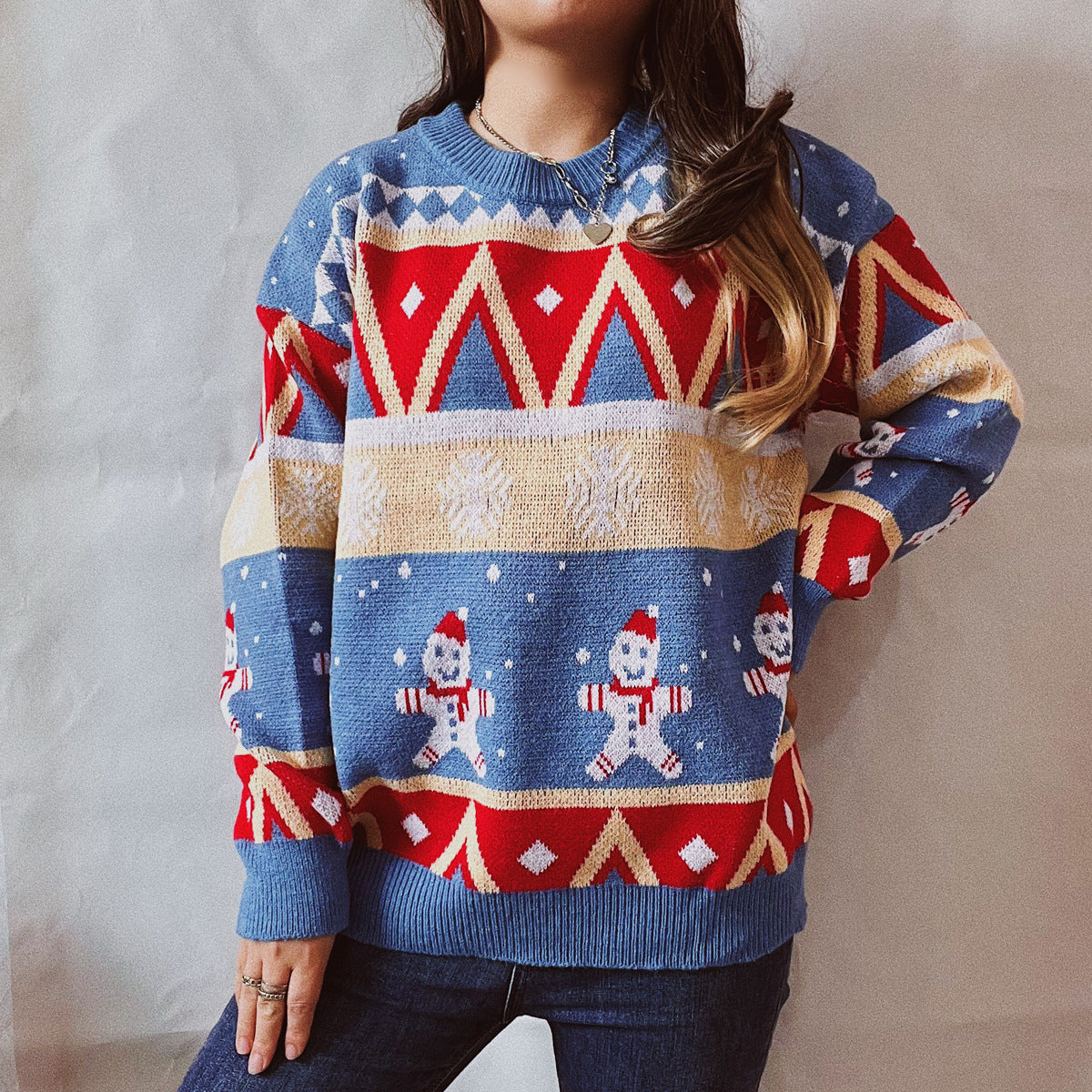 Printed Round Neck Long Sleeve Sweater Sky Blue