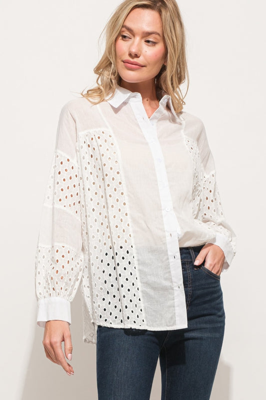 And The Why Eyelet Long Sleeve Button Down Shirt WHITE