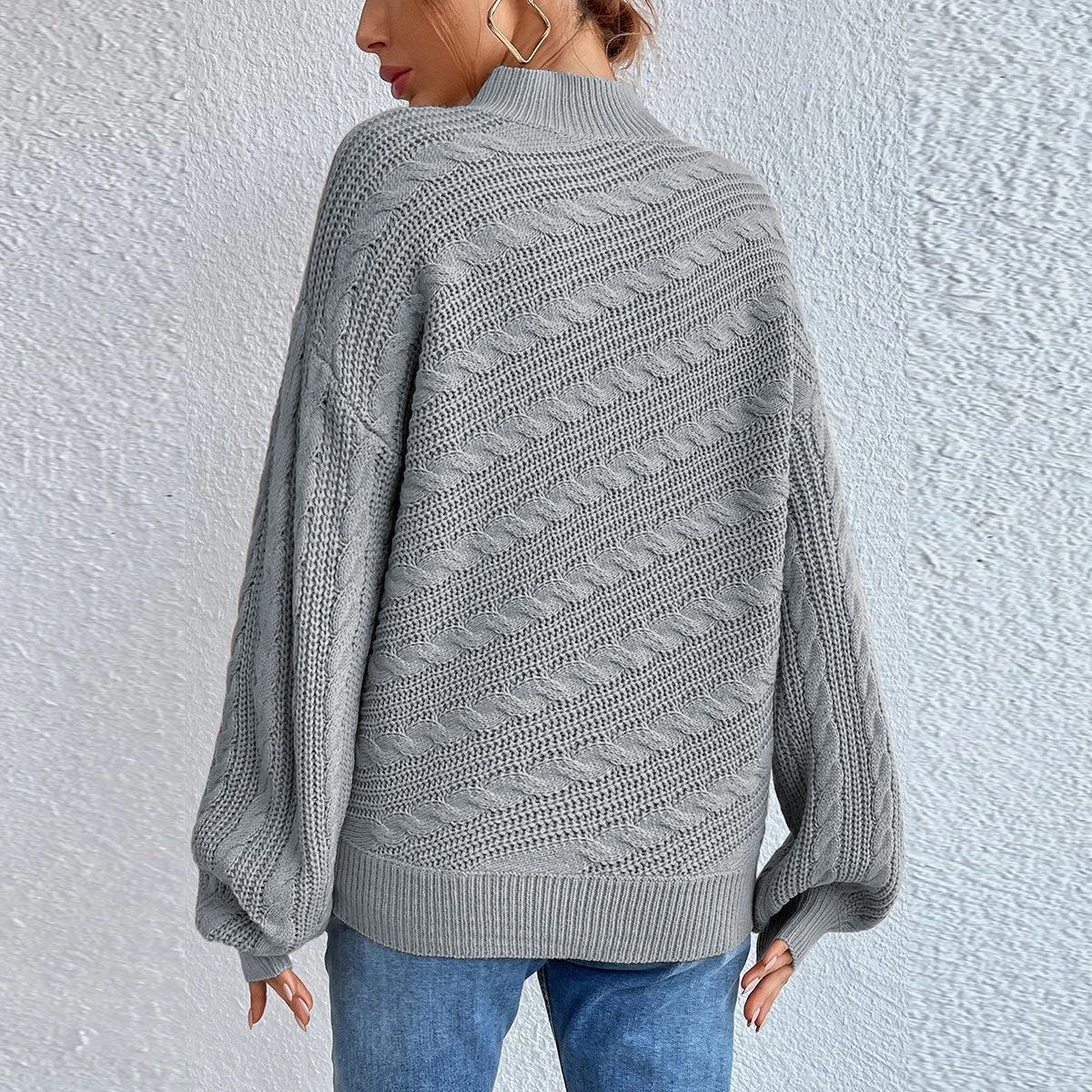 Cable-Knit Mock Neck Long Sleeve Sweater