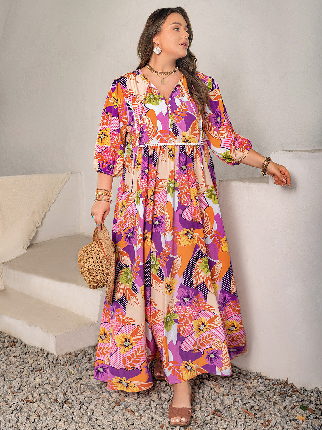 Plus Size Printed Tie Neck Maxi Dress Multicolor