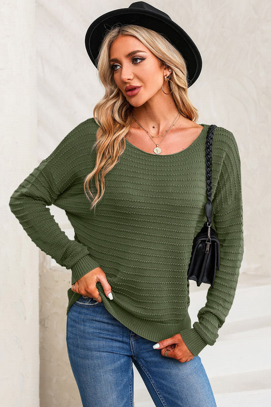 Horizontal Ribbing Round Neck Sweater Army Green