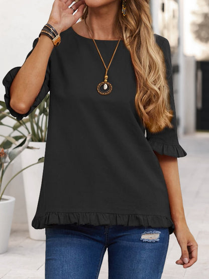 Ruffled Round Neck Half Sleeve Blouse Black