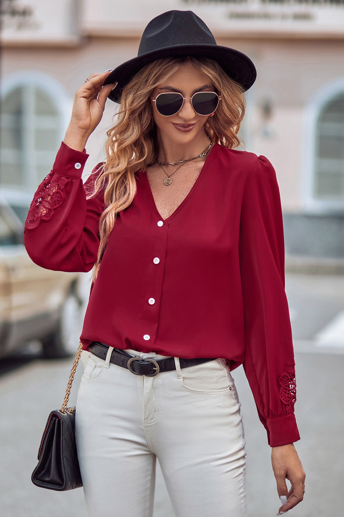 Spliced Lace V-Neck Puff Sleeve Shirt Deep Red