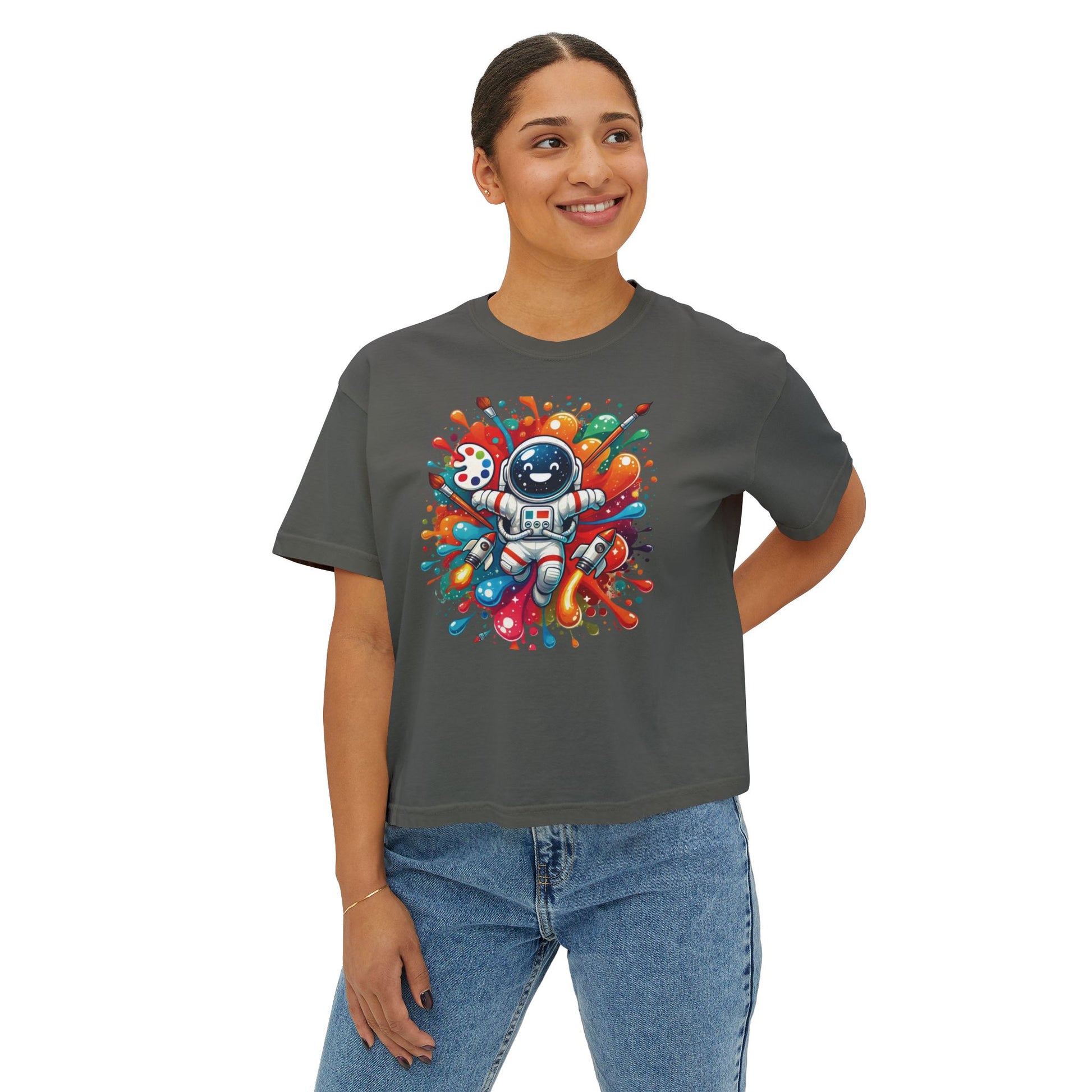 Boxy Tee, Astronaut in Space T-Shirt, Paint Splatter Women's Shirt, Cartoon Space Tee, Fun Graphic Tee