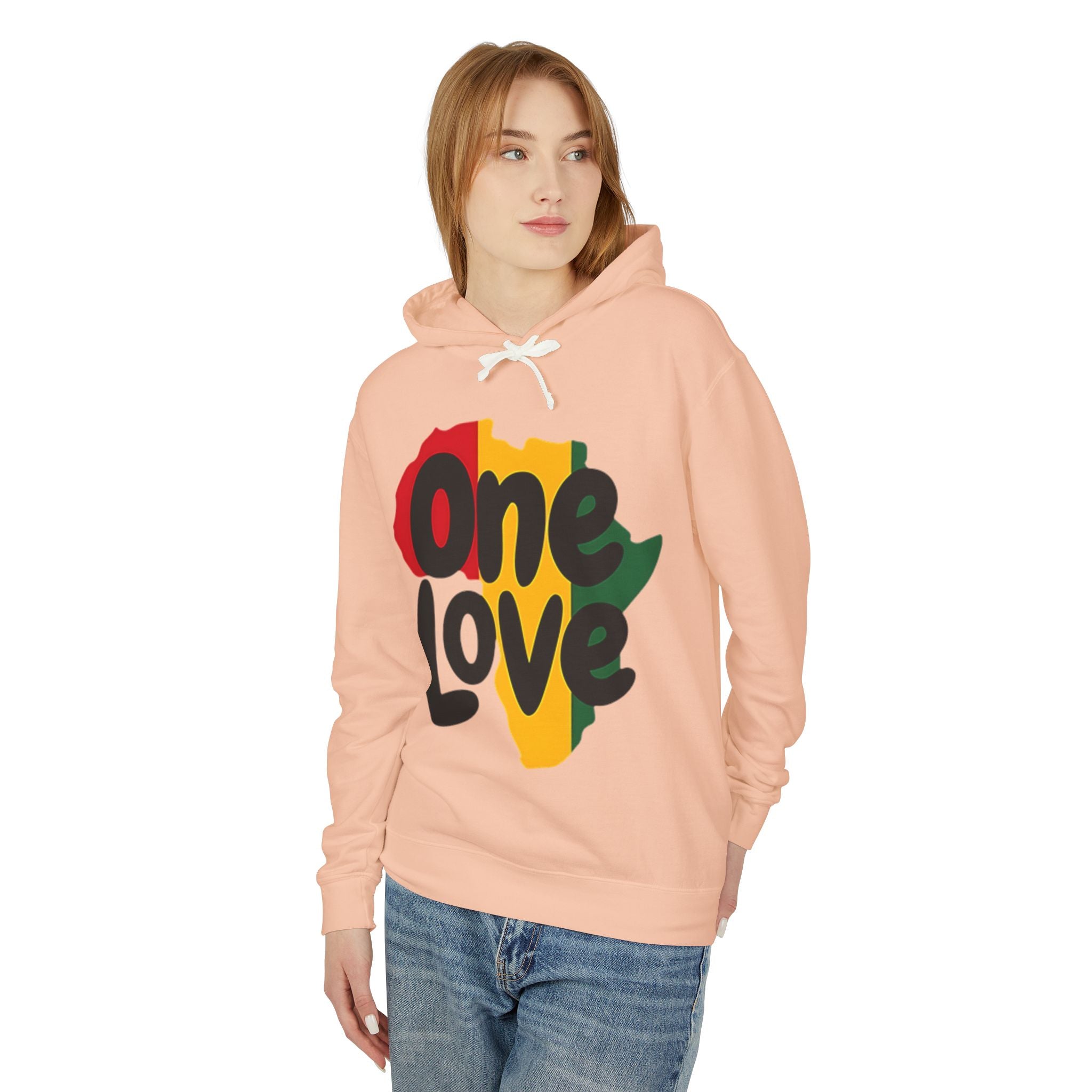 One Love Rasta Lightweight Hooded Sweatshirt - Red Yellow Green Black Color Scheme, Reggae Culture, Positive Vibes, Unity and Peace,