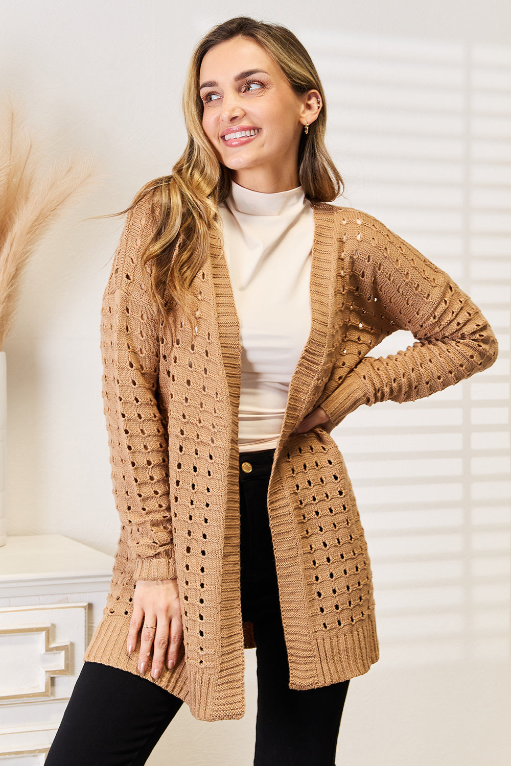 Woven Right Openwork Horizontal Ribbing Open Front Cardigan - Thandynie