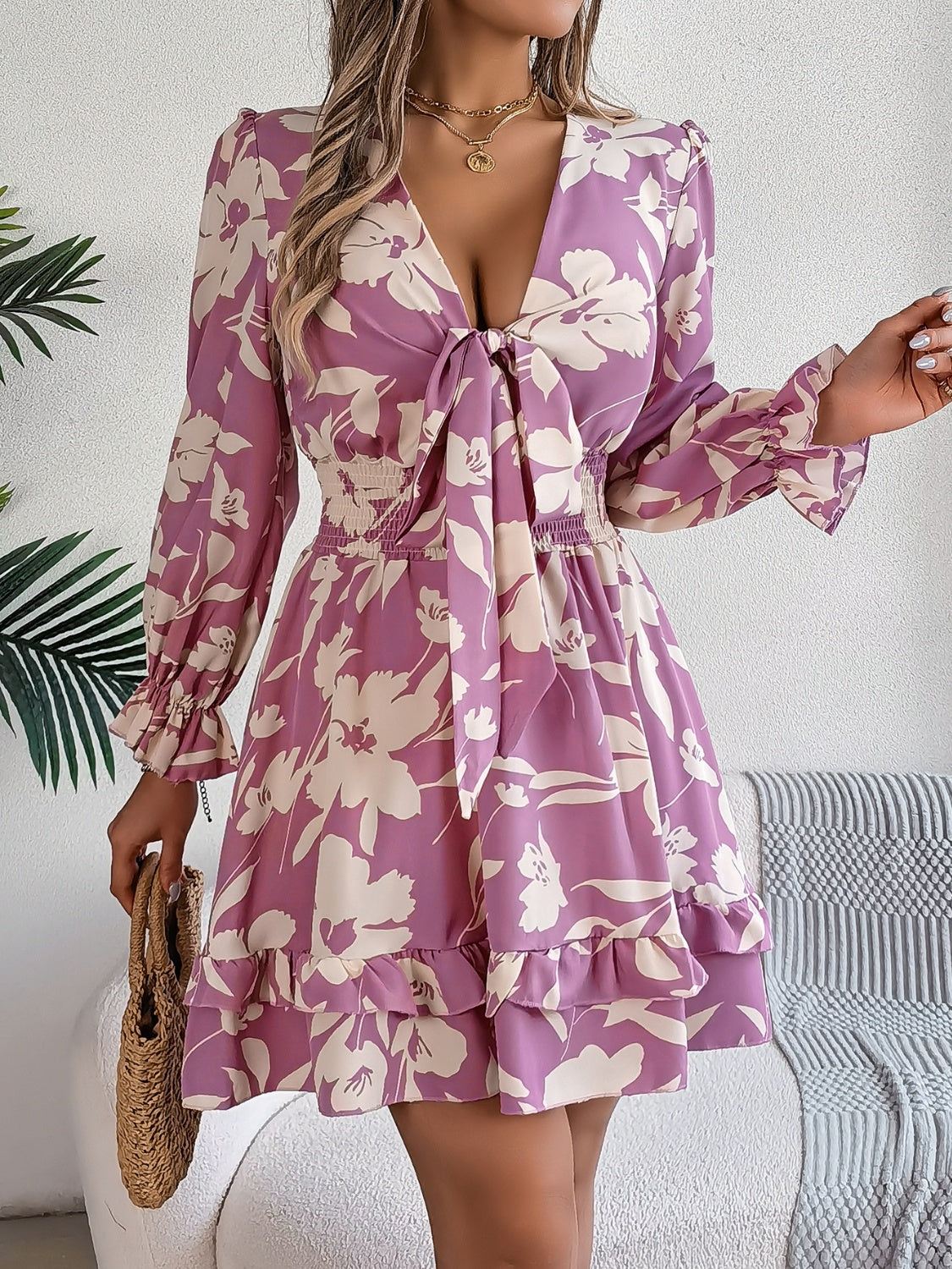 Tied Ruffled Printed Long Sleeve Dress - Thandynie