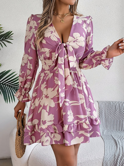 Tied Ruffled Printed Long Sleeve Dress Lilac