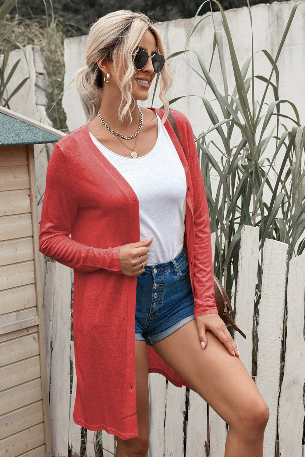Button Up Long Sleeve Cover Up Rust