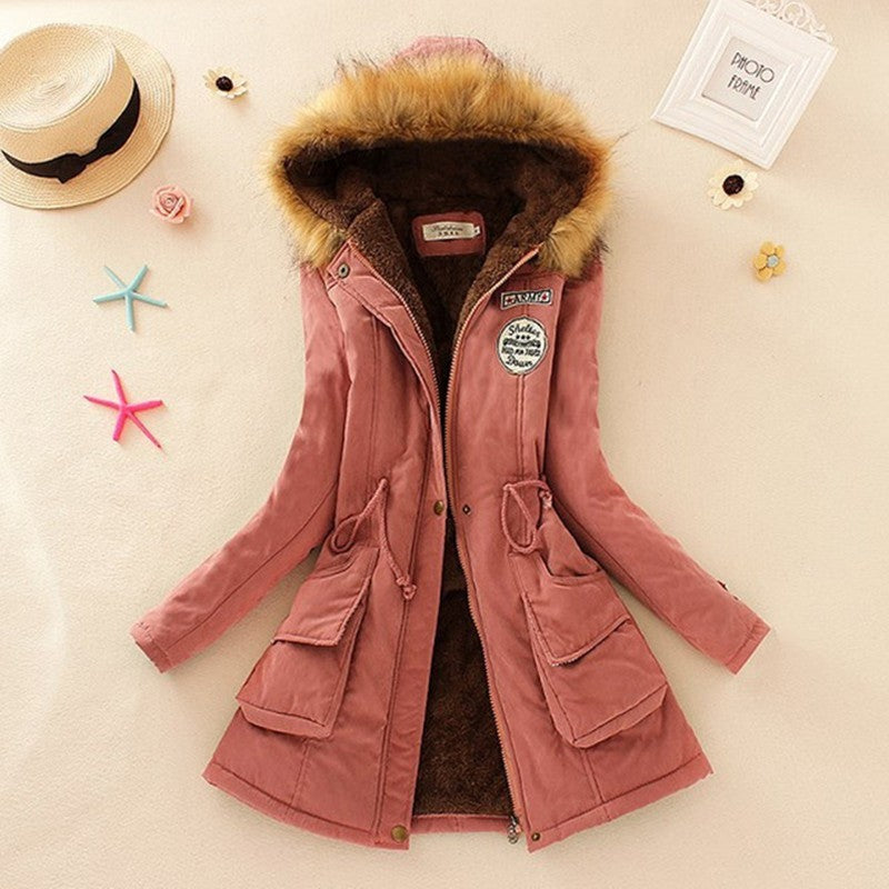 Long Women's Cotton-Padded Jacket With Wool Collar Deep pink