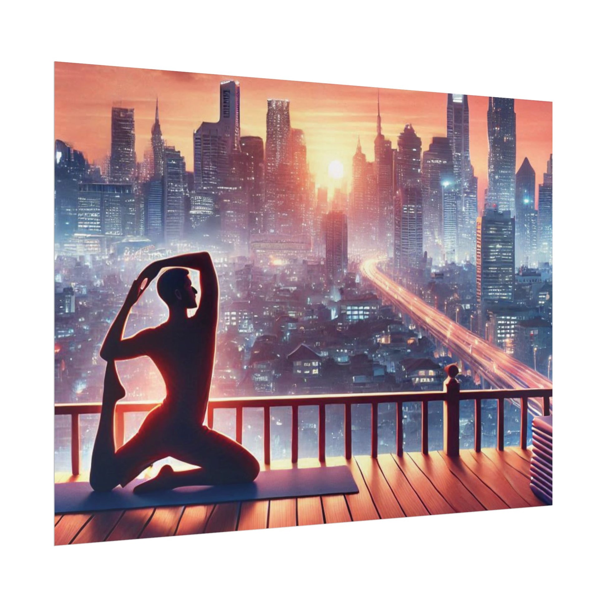 Yoga Poster, Cityscape Sunset Art, Rolled Wall Art, Pink Orange Skyline Decor, Urban Zen Meditation, Rooftop Exercise Print, Relaxation Gift